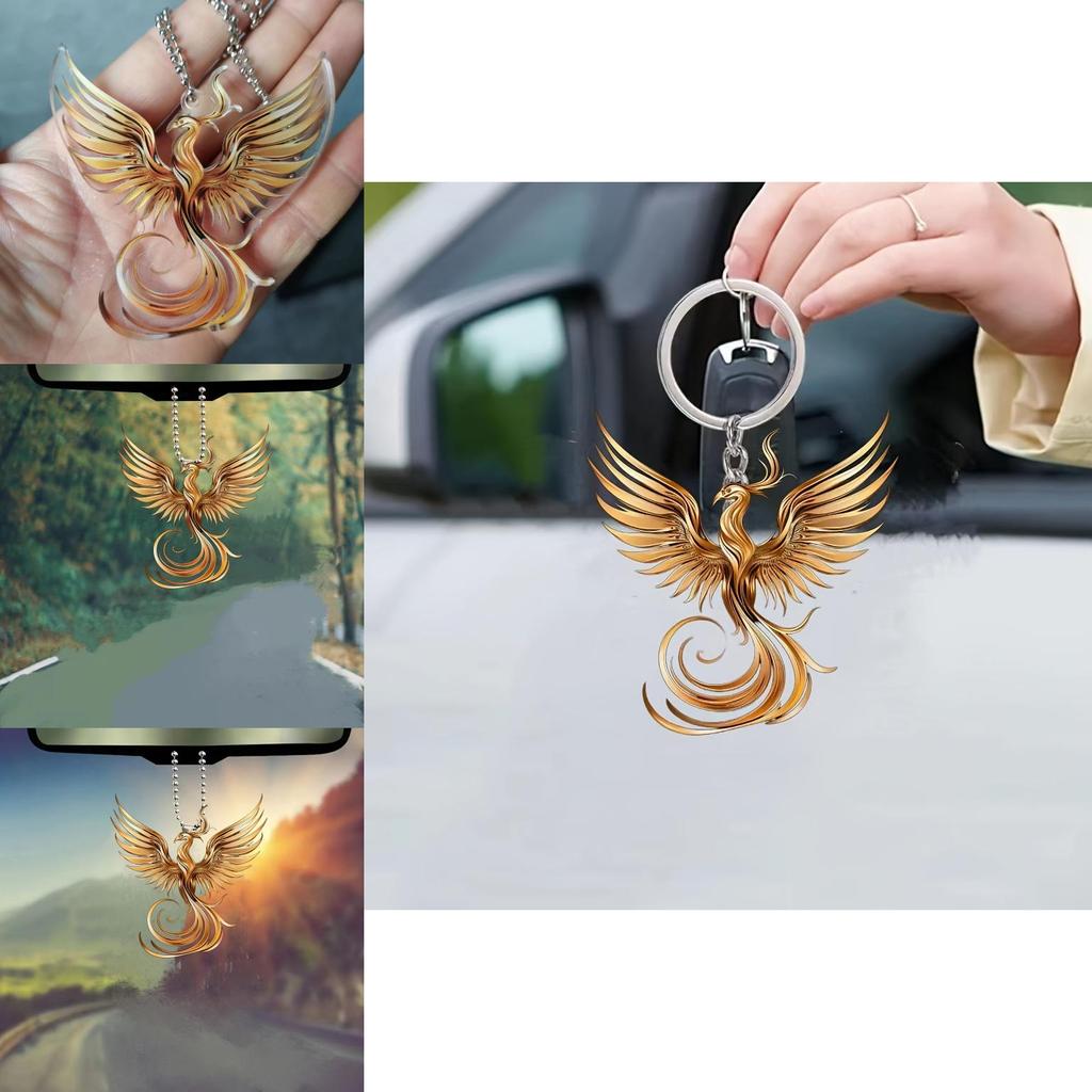 Stunning Retro Acrylic Golden Phoenix Car Charm Luxurious Keychain Pendant For Auto Use