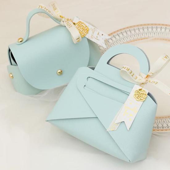 Packaging Box Ribbon Bow Handle Design Handbag Shape Faux Leather Wedding Favors Gift  Candy Bag Household Accessories