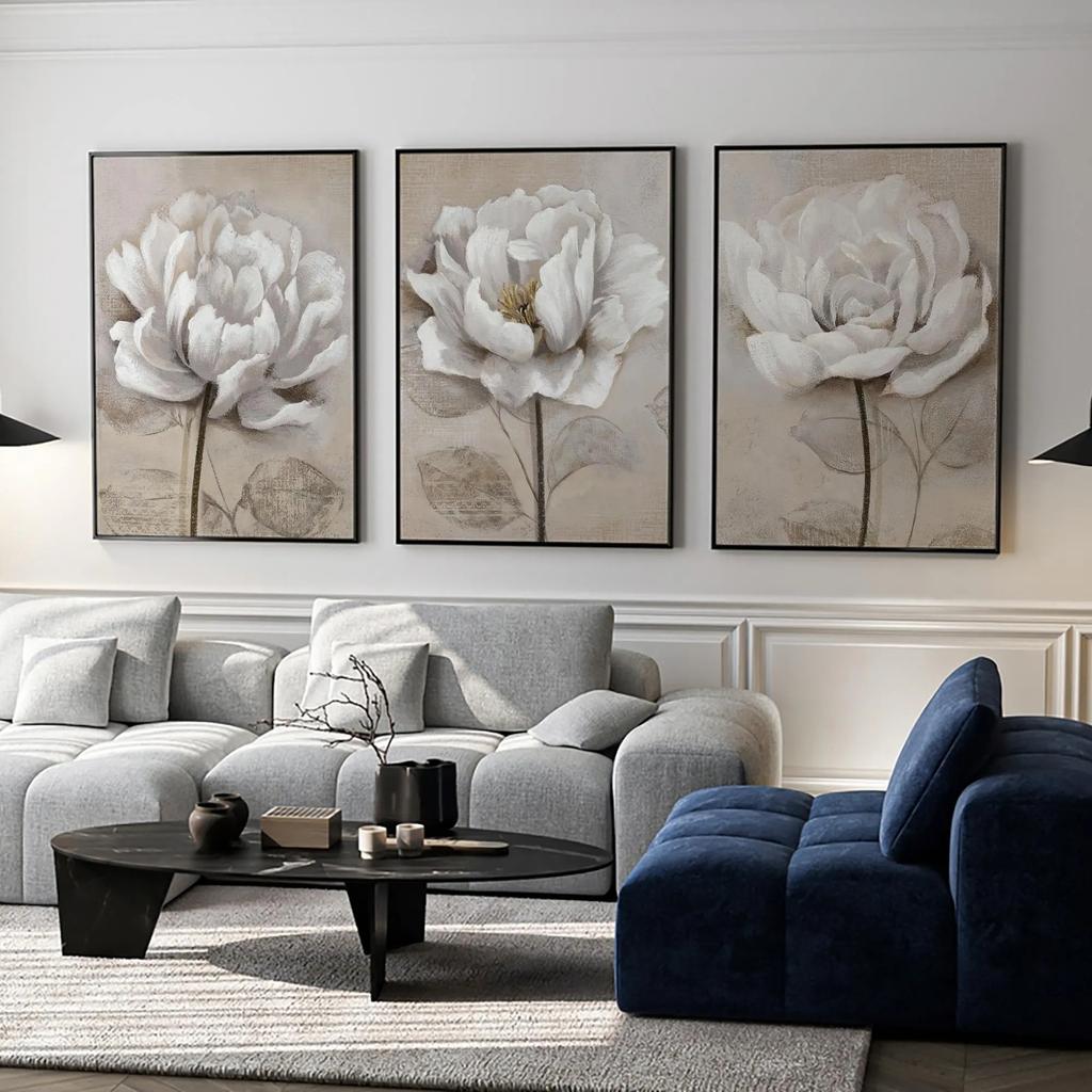 White Peony Wall Art Set, Neutral Textured Beige Floral Botanical Canvas Prints, Wabi Sabi Scandinavian Home Decor Perfect Gifts