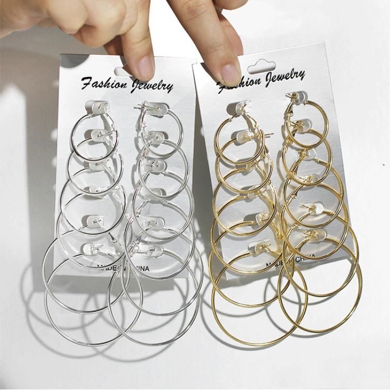 12Pcs/6Pairs Simple Punk Hoop Earrings Set Big Circle Earrings for Women Girls Ear Hoop Earring Oversized Zircon Accessories