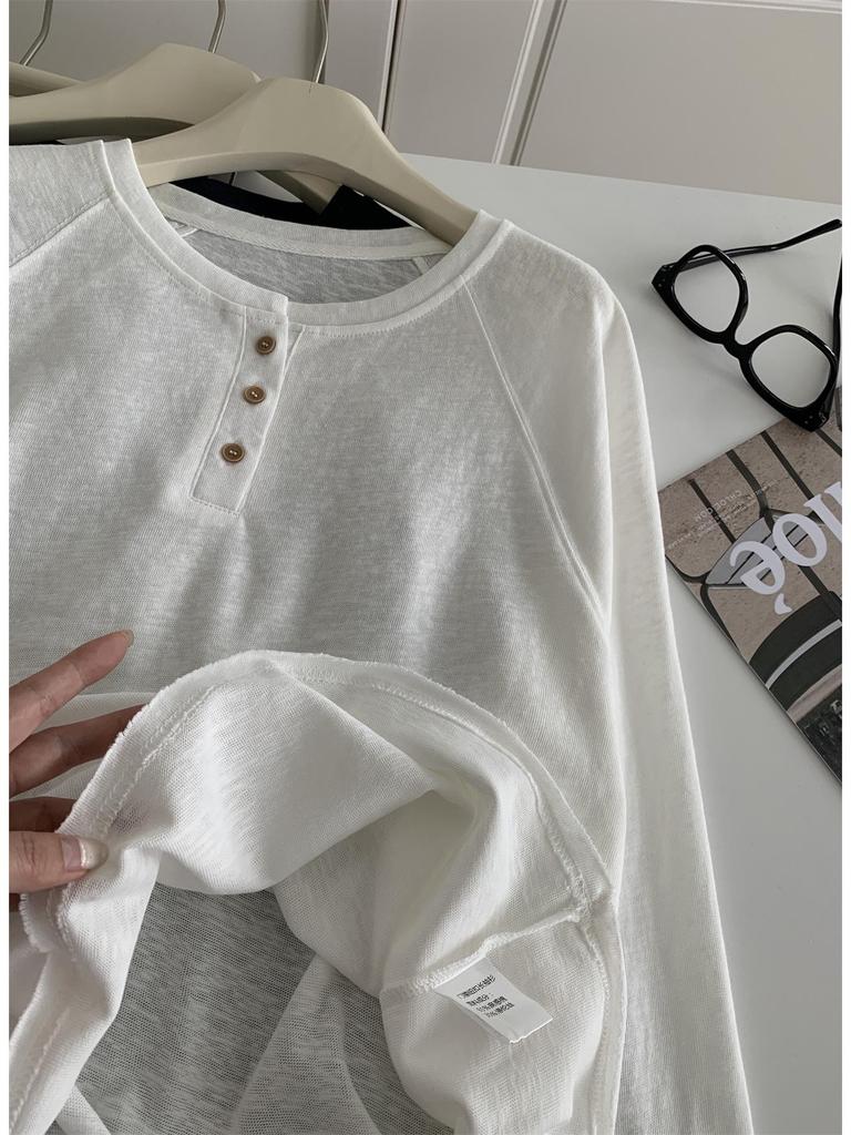 Damen Plus Size Koreanischer Stil Henley-Kragen Langarm Baumwoll-T-Shirt, 240 Jin, Figurschmeichelnder Schnitt, Einfarbige Basis Schicht