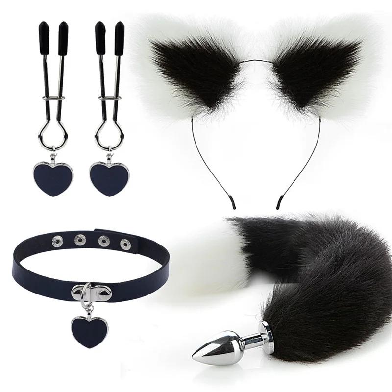 Anal Sex Toys Fox Tail Butt Plug Sexy Plush Cat Ear Headband With Bells Necklace Set Massage Sex Toys For Women Couples Cosplay