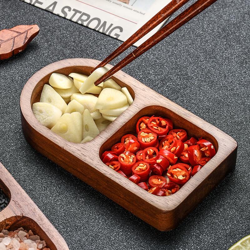 Acacia Wood Divided Condiment & Snack Dish 13.8 x 7.5 cm