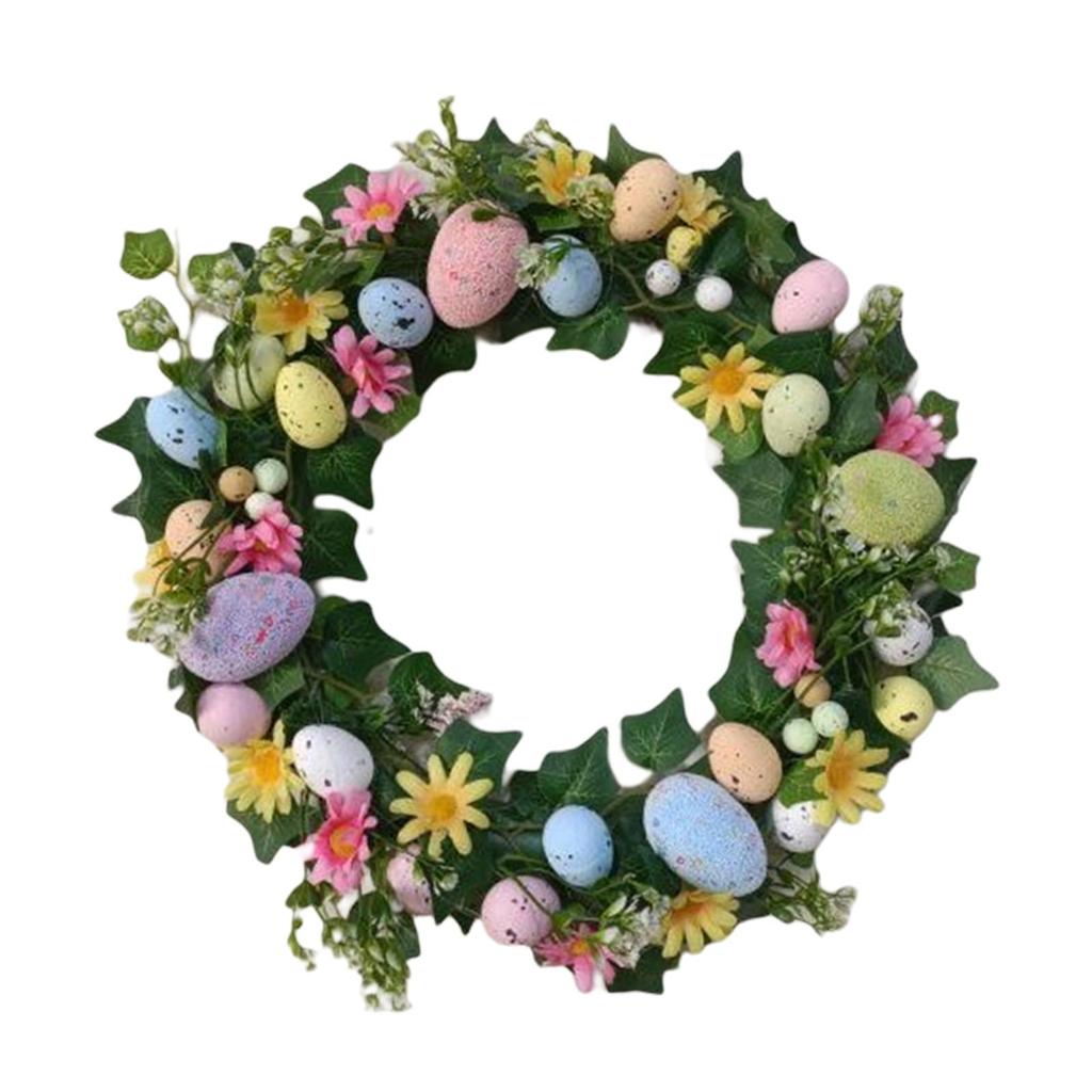 Easter Wreath with Pastel Eggs Front Door Wall Hanging Artificial Green Leaves Garland for Party Holiday Home Garden Decoration