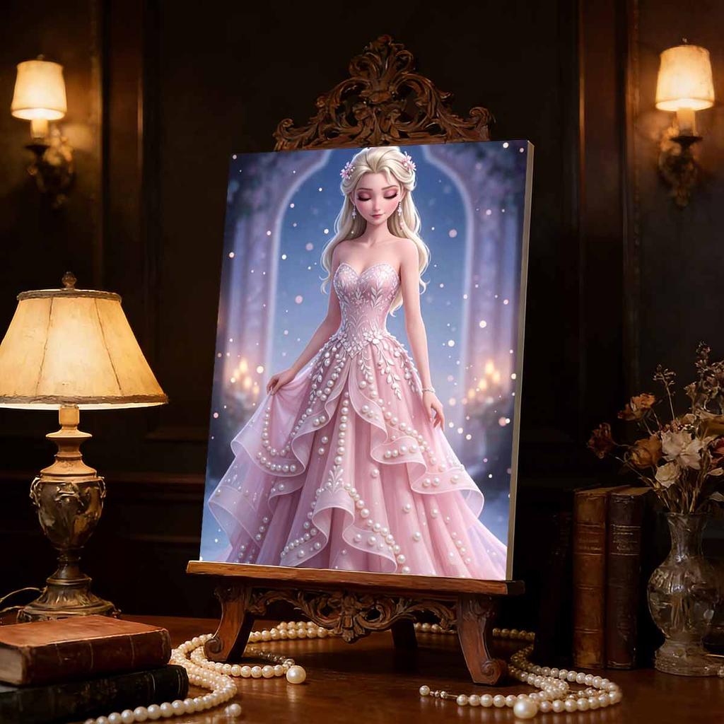 Pink Gown Starry Elsa New Pearl-Inlaid Frameless Art | Handmade Pearl Craft, Starry Arch & Candlelight Theme, for Romantic Luxury Decor