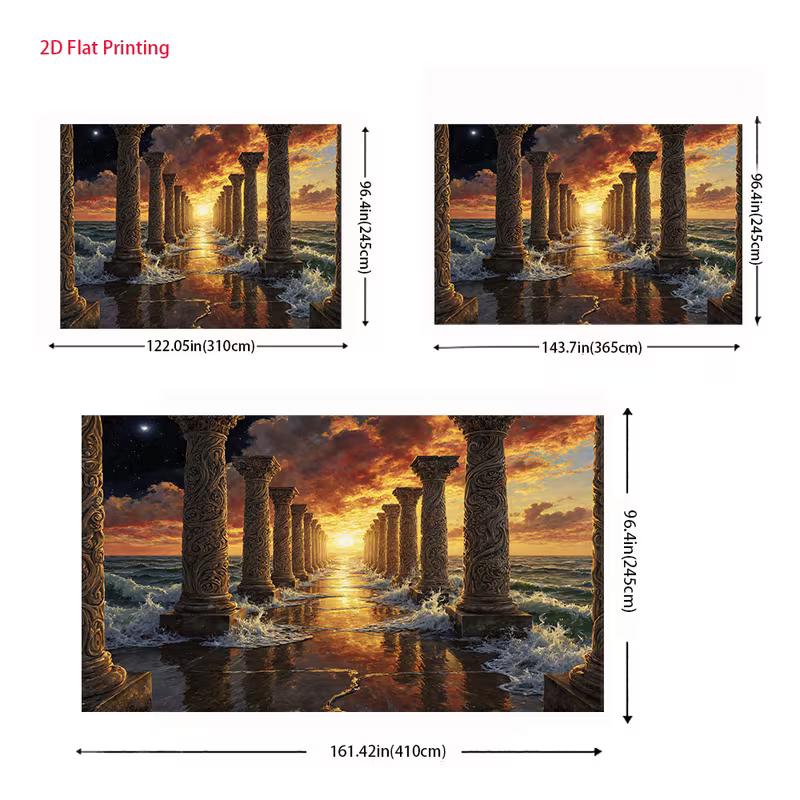 2D Roman Pillar Sunset Ocean Backdrop Vintage Architecture Fantasy Landscape Background for Photoshoot