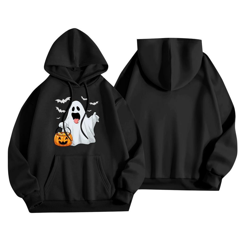 Dámský módní, ležérní, pohodlný svetr s kulatým výstřihem, s kapucí, s dlouhým rukávem, s halloweenským potiskem, hřejivý
