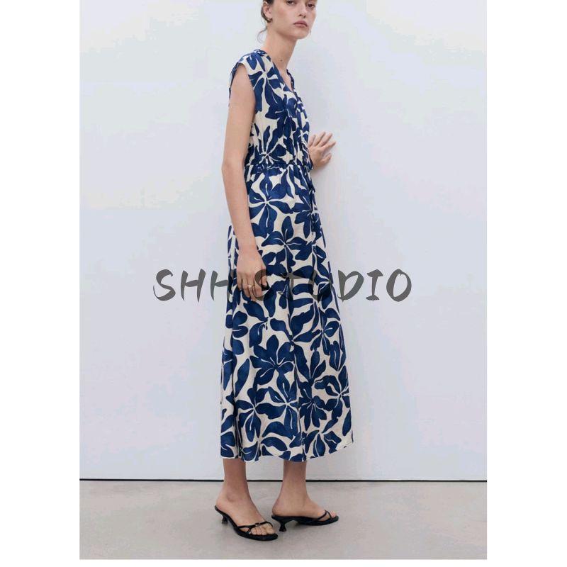 Summer New Product Women's Clothes Vacation Style V Neck Sleeveless Ruched Waist Flower Print Dress 17031161