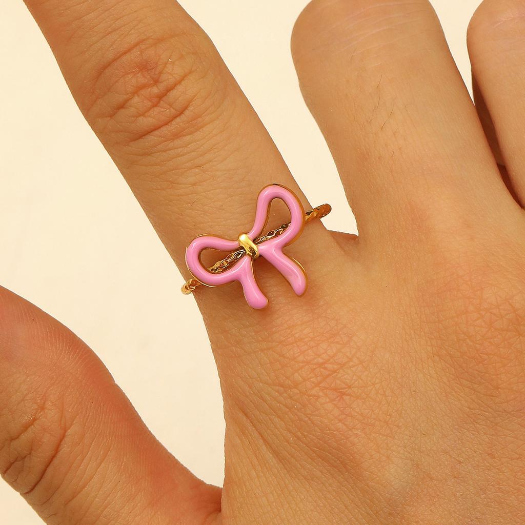 High Quality Fashion Popular Dopamine Drip Bow Ring Niche Design Popular Stainless Steel Ring Wholesale