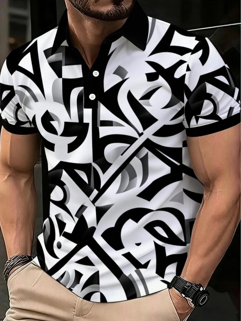 [Print Design, No Texture] Men'S Black And White Abstract Print Polo Shirt, Casual Wear, Suitable for Dining Out Or Home Leisure, Breathable And
