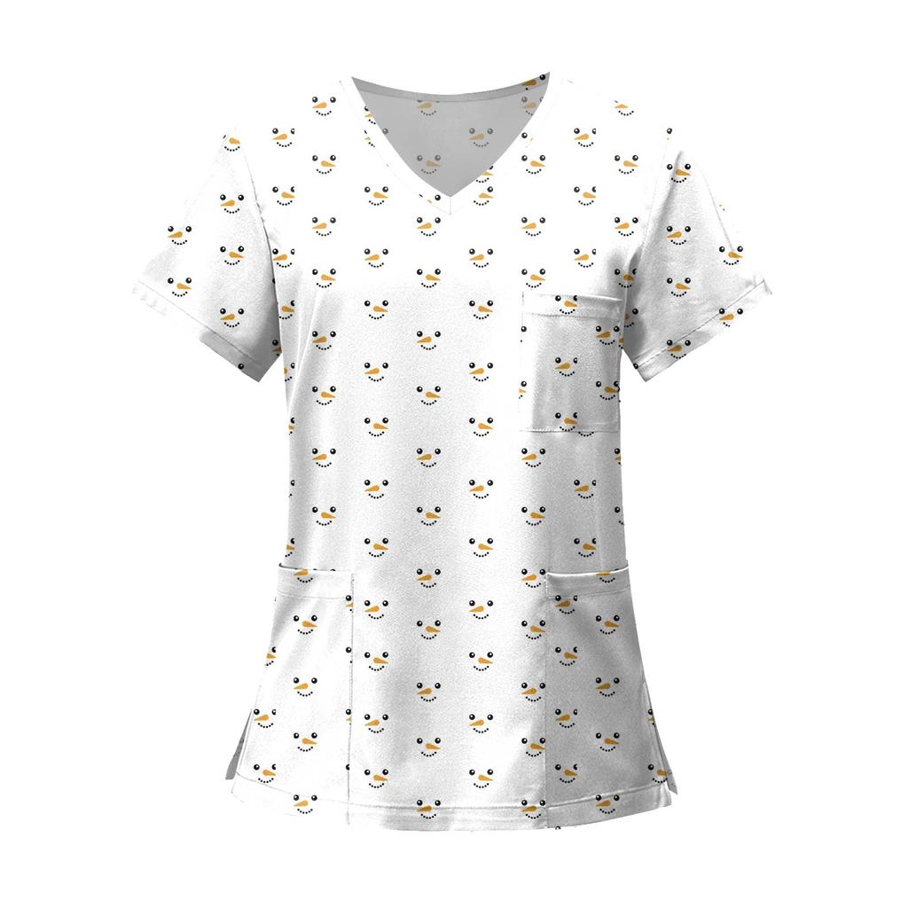 Women's Fashion Printed Short Sleeve V Neck Pattern Tops Pocket Working T-shirts