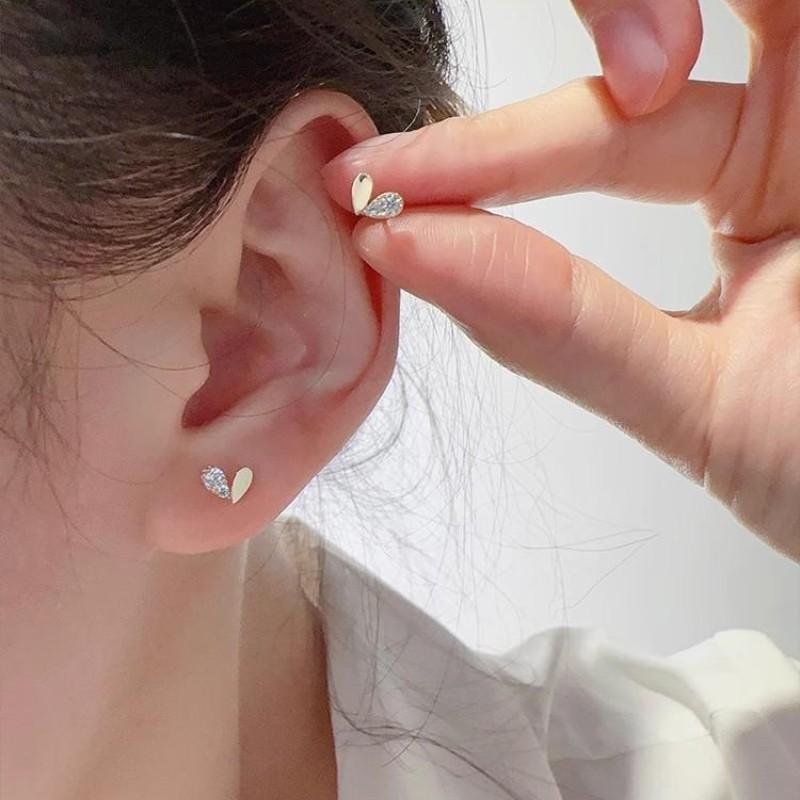 Real 925 Sterling Silver Delicate Simple Inlaid Zircon Heart Stud Earring For Women Girls Wedding Party Gift Jewelry