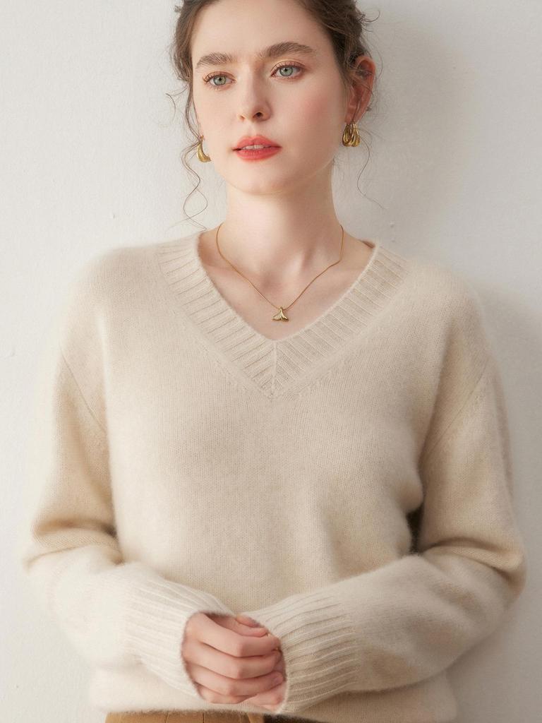 Women's Cashmere V-Neck Loose Fit Sweater - Solid Color, Thickened Knitwear for Autumn & Winter