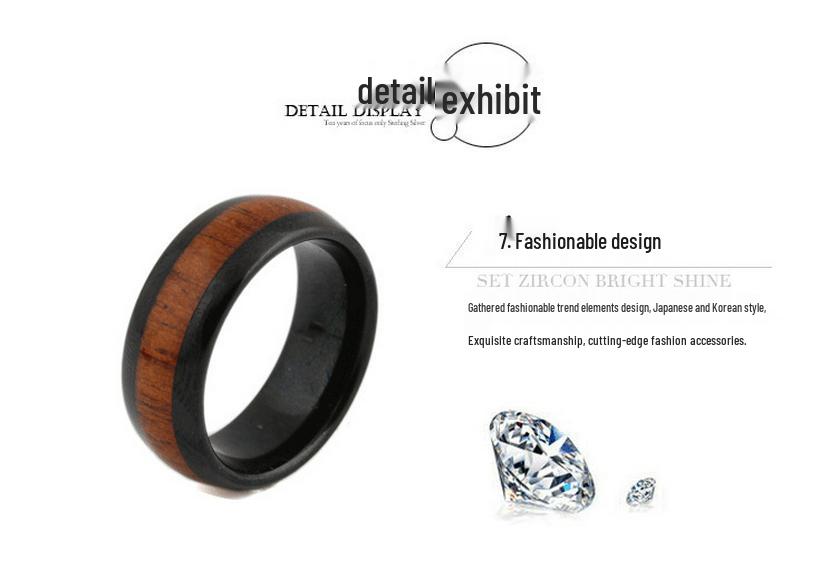 Elegant European & American 8MM Stainless Steel Pinky Ring with Black Wood Grain