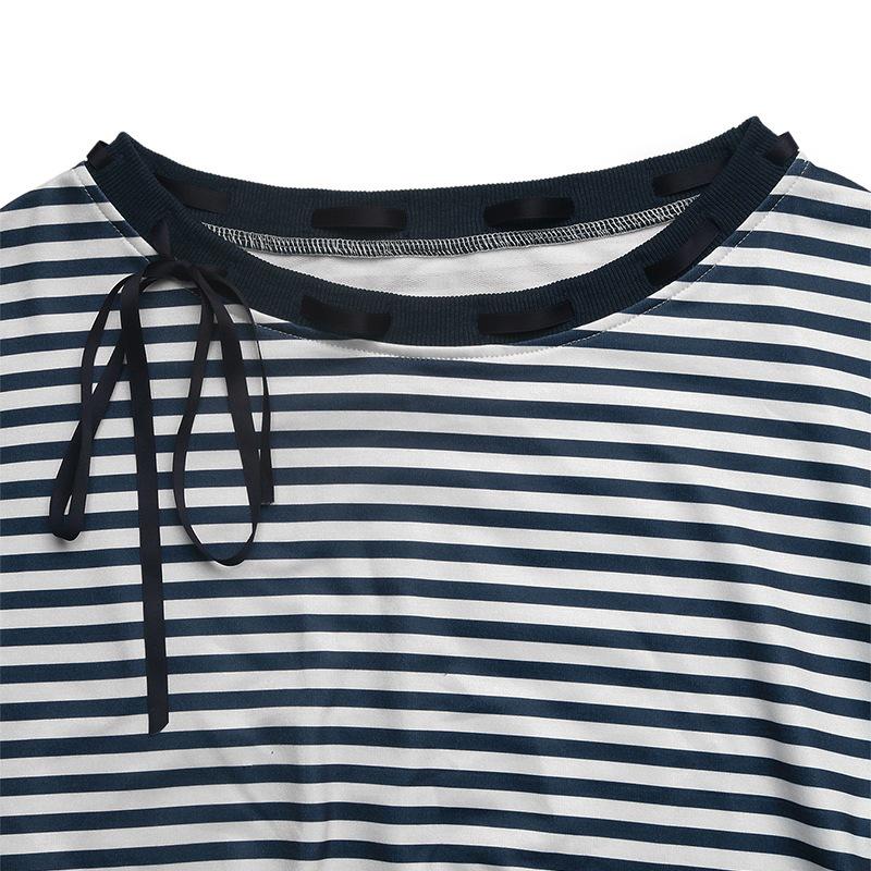 European American Retro Style Bow-Decorated One-Shoulder Striped Women's Hoodie