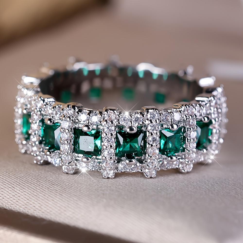 Vintage Bohemian Style Eternity Ring Inlaid with Green Artificial Zirconia, Unplated, Wedding, Engagement Jewelry