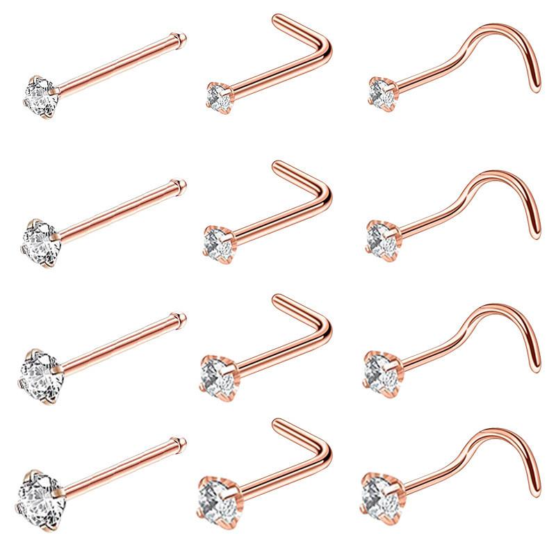 4/12PCS Stainless Steel Zircon Nose Piercing Stud Set L Shape Nose Ring Lot Twist Nose Ring Stud Bulk Body Piercing Nariz Pack