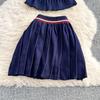 Summer Women College Style Knitted Sweater Two Piece Set Girl Polo Collar Pullover Top and Mini Pleated Skirt Suit