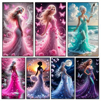 Pintura de Diamantes 5D DIY Vestido Largo Mujer Mosaico de Diamantes Flor Mariposa Arte de Pedrería Bordado Cruz Grande Decoración para el Hogar
