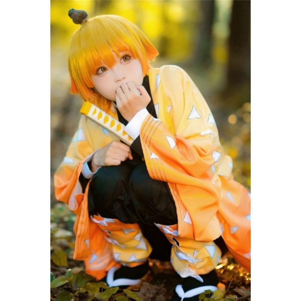 Agatsuma Zenitsu Cosplay Costume Wig Haori Embroidery Top Elastic Pants Belt Rose Net Cos Halloween Christmas Gift