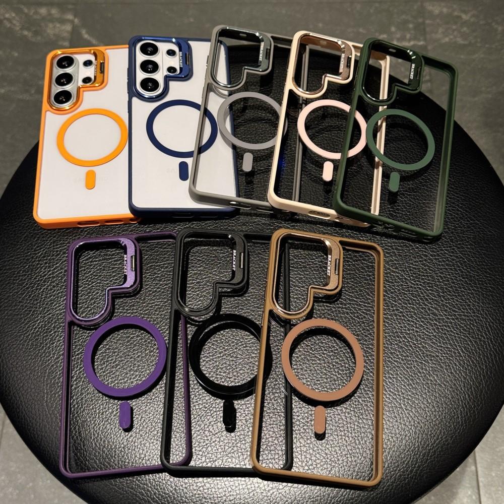 Metal Camera Kickstand Holder Case For Samsung Galaxy S26 S25 Edge S24 S23 FE Ultra Plus For Magsafe Wireless Charge Clear Cover