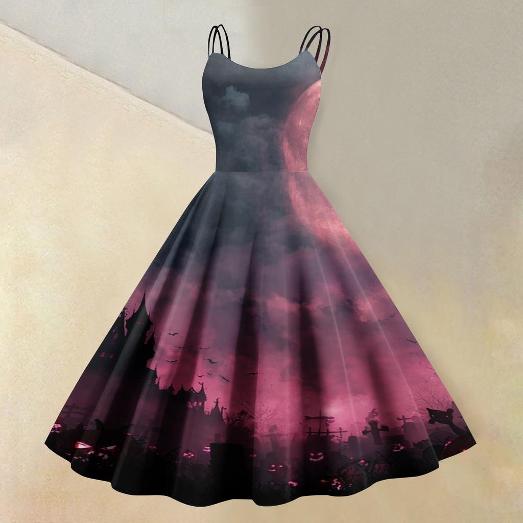 Women's Sleeveless Halloween Print Dress Vintage Style Round Neck Casual Fit and Flare Midi Dress with Spaghetti Straps and Festive Pattern