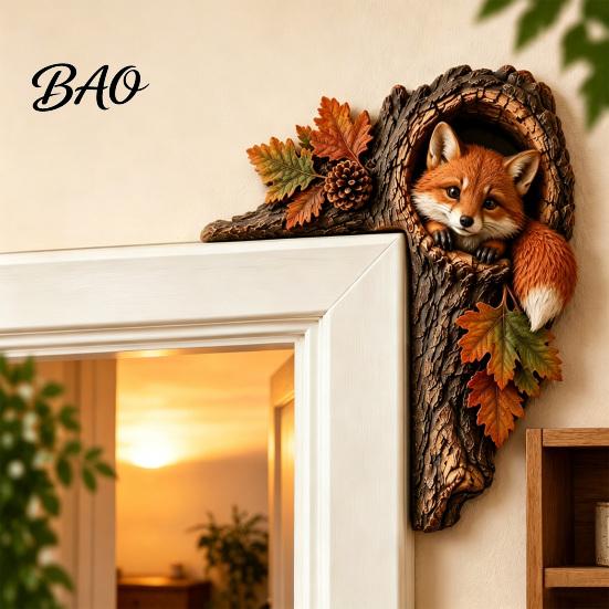 Rustic Tree Hole Wall Art Chipmunk Hollow Door Topper, Woodland Animal Frame Decoration, 3D Wood Cute Forest Creature Sculpture Corner for Farmhouse