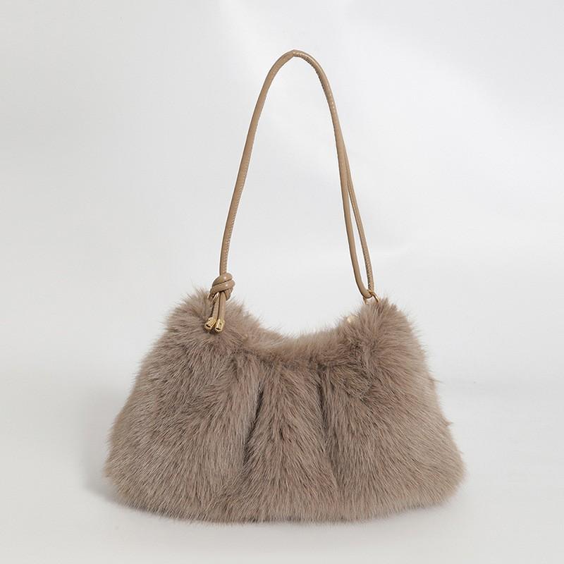 Winter Simple Faux Fur Shoulder Bags for Women Solid Color Ladies Soft Plush Handbags Large Capacity Female Tote Bag with Zipper