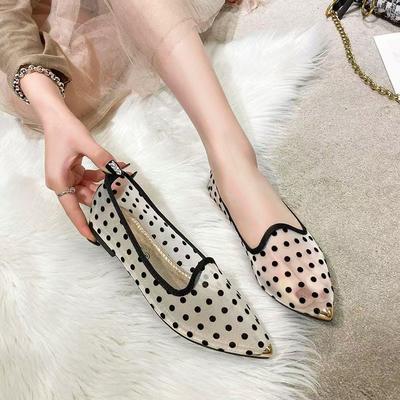 Woman's New Summer Flat Sole Polka Dot Mesh Shoes Soft Sole Non Slip Shallow Slip-On Pointed Toe Nude Shoes Ballet Shoes