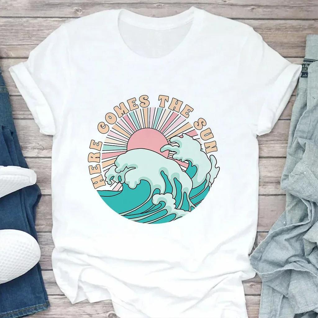 Fashion Women's T-shirt Summer Beach Print Cute Short Sleeve Ladies Fashion Casual Summer Women's T-shirt Graphic
