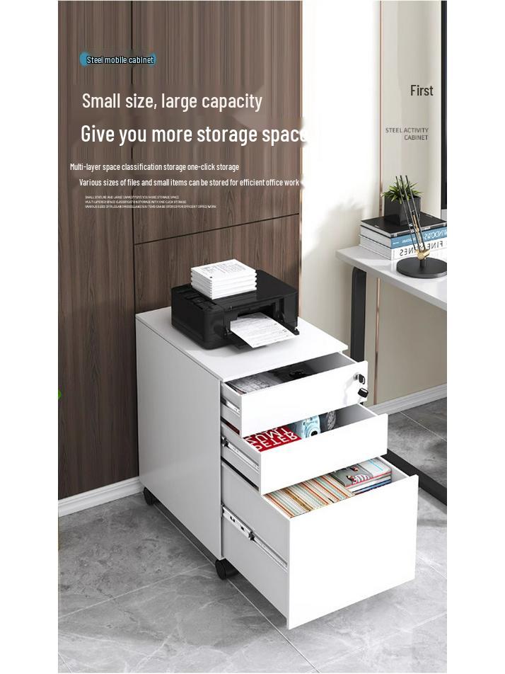 Steel Mobile Office Desk Cabinet with Three Drawers and Wheels