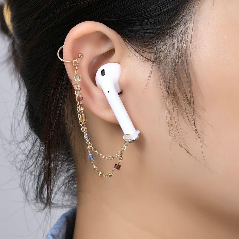 Anti Lost Wireless Earbud Holder Earrings Gold Plated Chain Faux Pearl Crystal Decor Perfect For Daily Wear Travel Party