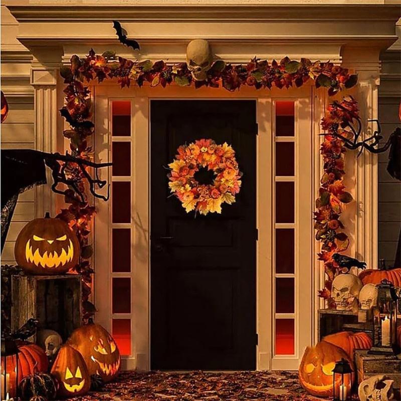 Podzimní věnec na dveře Vánoce Halloween dekorace Dýně Bobule Borovice Šiška Javor Umělý věnec Tkanina Ratan Materiál Domů