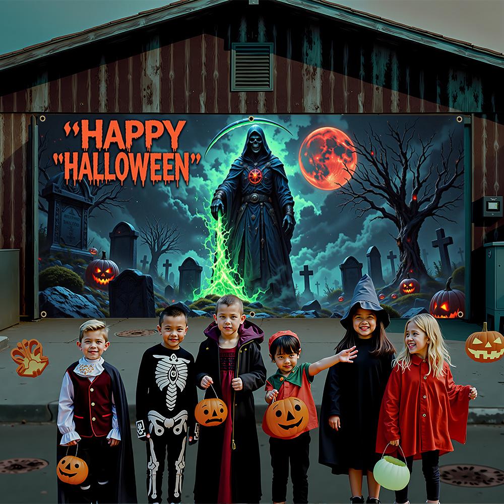 Large Halloween Grim Reaper Garage banner - Eerie cemetery scene with Jack-o '-lanterns durable polyester wall decorations