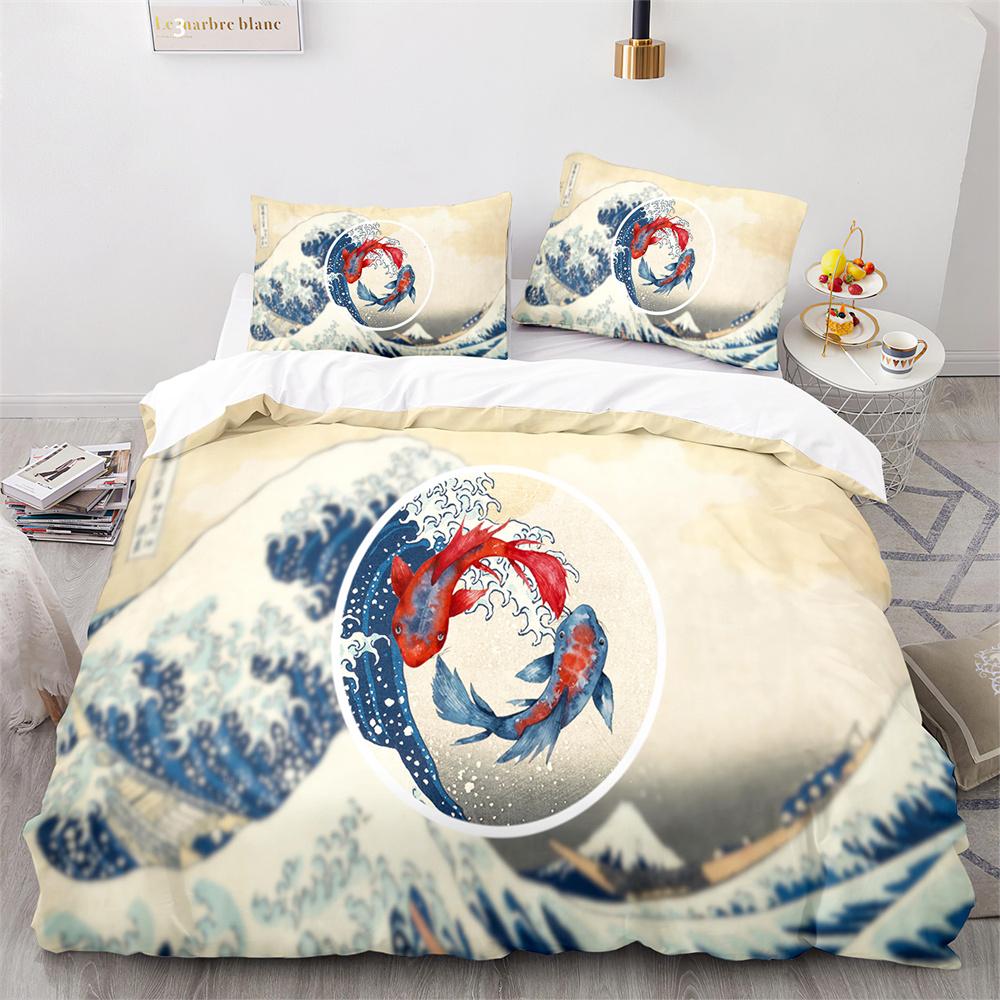 Japanese-Style Bedding Set Ukiyo-e Theme Comforter Cover Sea Wave Red Sun Pattern Decor Duvet Cover For Kids Teen King Full Size