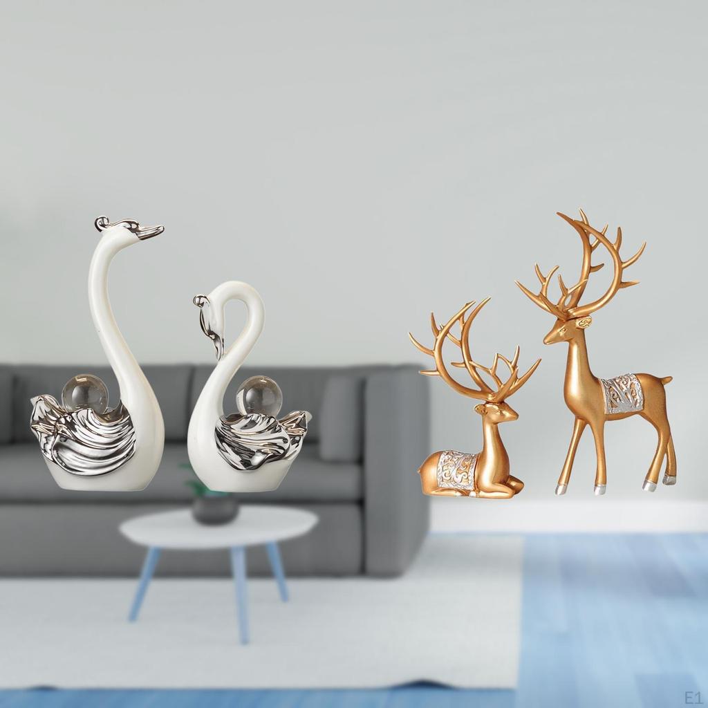 Elegant Porcelain Swan And European Reindeer Figurine Collection Unique Animal Sculptures for Living
