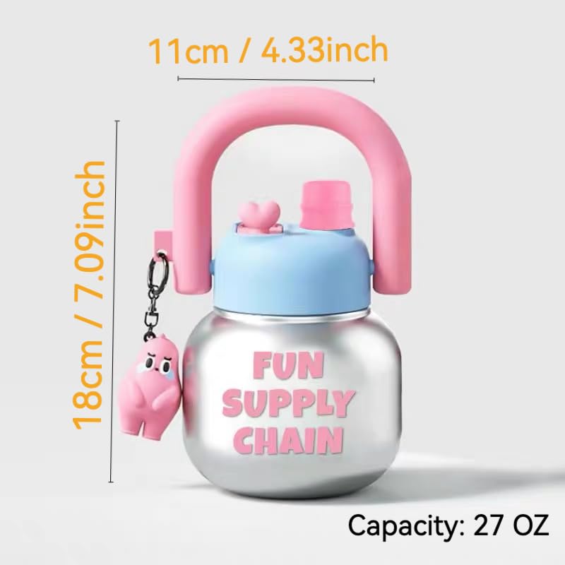 Cute Creative Plastic Cup with Handle, Dual-Drink Large Belly Cup, Student Water Bottle, Cartoon Design, Straw Included