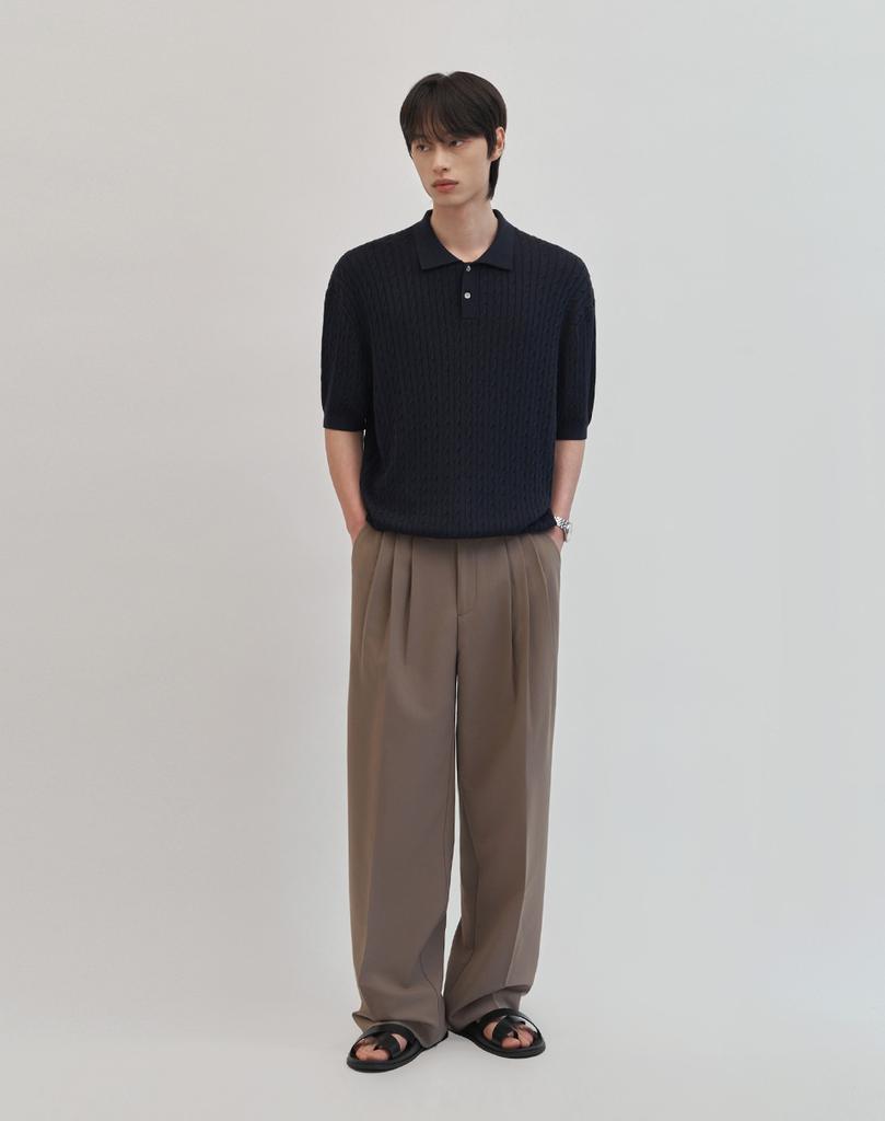 WORK ON BODY OFF Cool Bamboo Semi-Overfit Cable Collar Short Sleeve Knit [Navy]