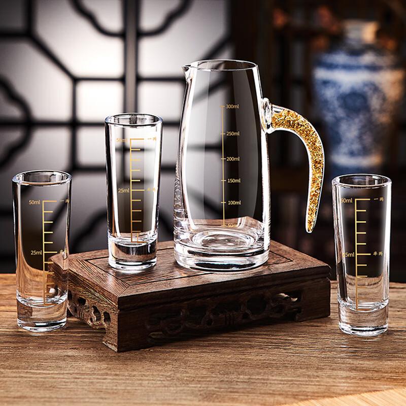 Shijin Home Barware Set: Shot Glasses, Gold Decanters, Bamboo Rack