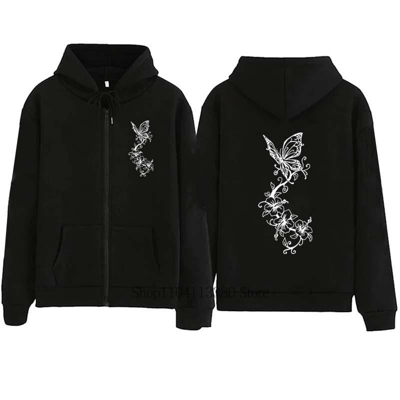 Fashion Floral Butterfly Printed Sports Zipper Hoodie Women High Quality Casual Long Sleeve Zip-up Hoodie Sweatshirts