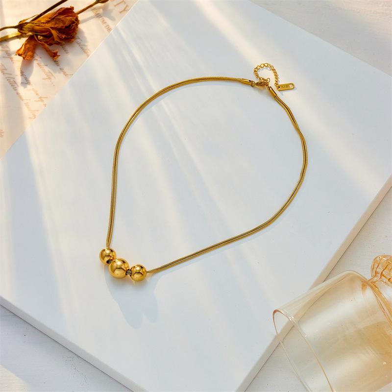 Gold Plated Triple Ball Pendant Necklace, Stainless Steel Double Snake Chain Choker, Waterproof Minimalist Jewelry for Women Gift