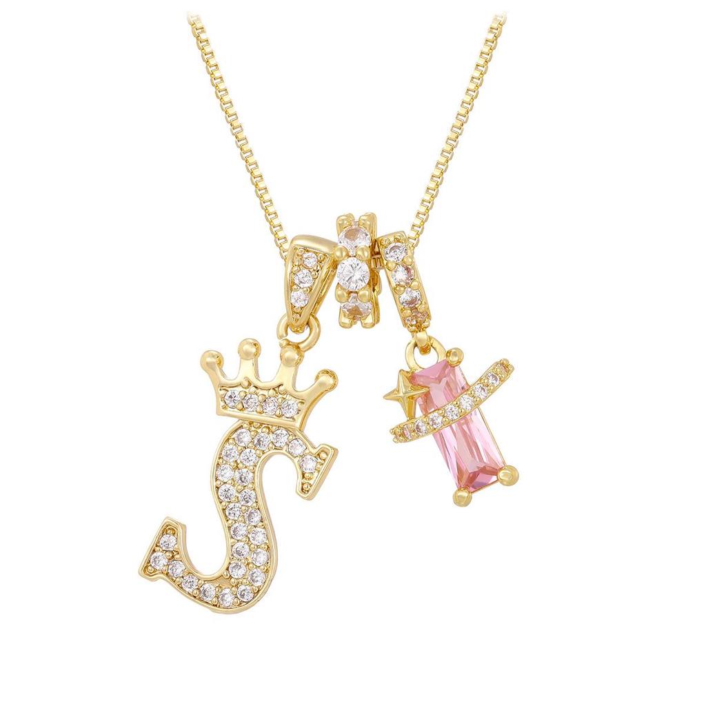 Copper Zirconia Letter Necklace with Gold-Plated Crown Pendant – Fashionable 26-Letter Accessory