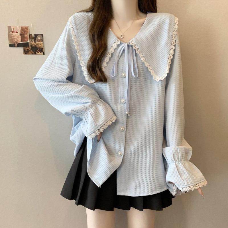 

Women s Lace Up Button Shirt Korean Style Loose Peter Pan Collar Ladies Single Breasted Shirts Spring Casual Daily Famale Long Sleeved Top M синий