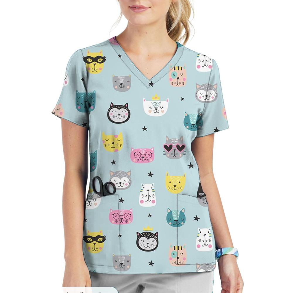 Krankenschwester Uniform V-Ausschnitt Cartoon Katze Hund Muster Bedruckte Oberteile Kurzarm Taschen Damen T-Shirts