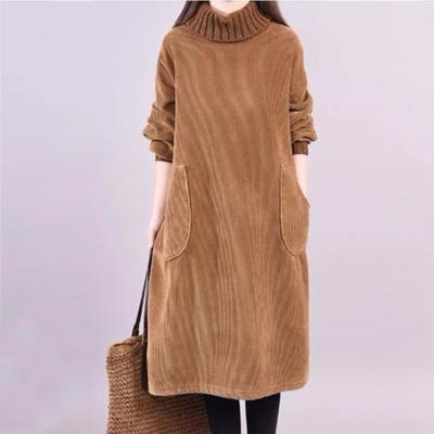 Women's Corduroy Thickened Turtleneck Pocket Dress