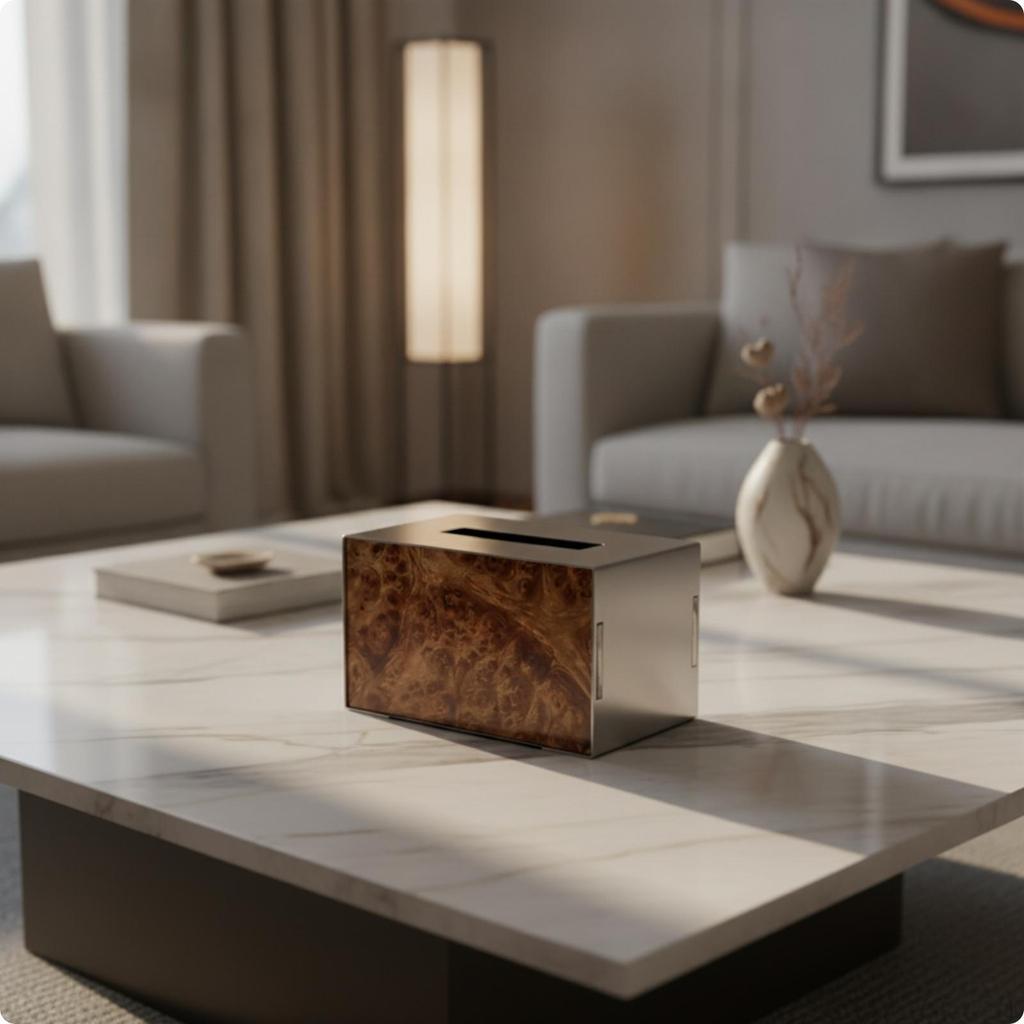 Decorative Tissue Box with Wood Grain | Modern, Stainless Steel Box, for Living Room