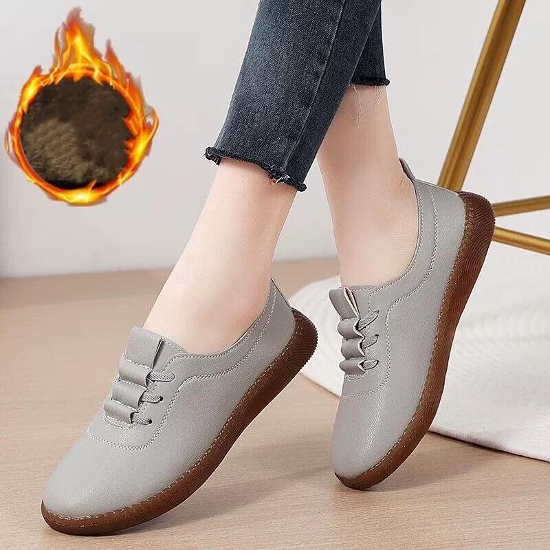 Women's Autumn Winter with Fur Women Moccasins Leather Shoes Driving Comfort Flats Casual Nurse Loafers Walking Minimalist Maternity Shoes