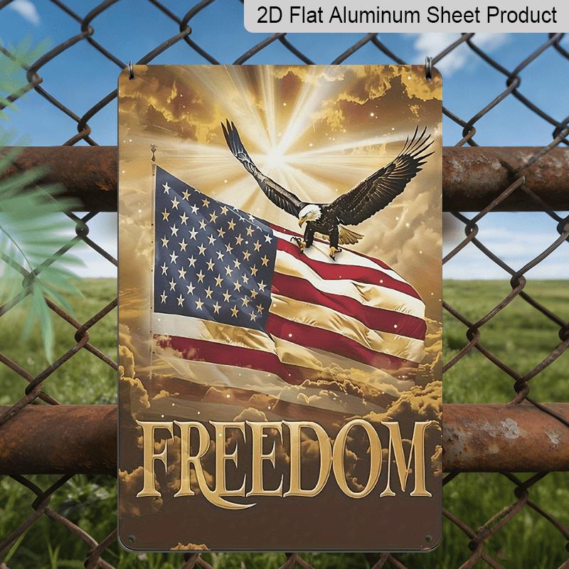 2D Flat 1pc Vintage Bald Eagle & American Flag Metal Sign - Patriotic "FREEDOM" Wall Decor with Stars & Stripes Design, Rustic Aluminium Wall Art for