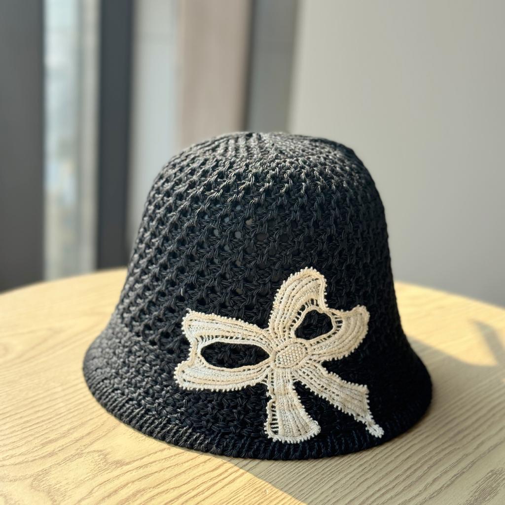 Summer Embroidered Bow Hollow Bucket Hat Outdoor Beach Sweet Sunscreen Sunshade Foldable Straw Hat