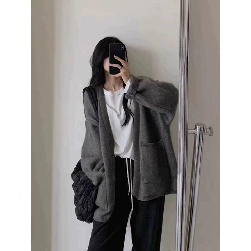 

Корейский женский черный свободный карманный кардиган свитер пальто серый модный осенне-зимний отпуск вязаный топ повседневный простота новый One Size серый